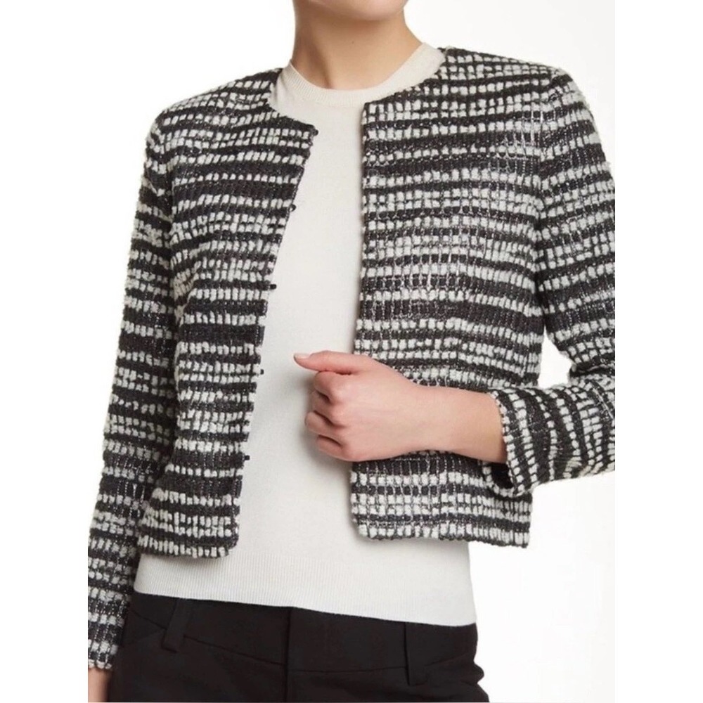 Alice + Olivia Black White Striped Tweed Cropped Jacket Blazer C410237170
